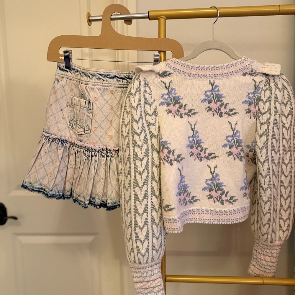 LoveShackFancy Cream and Pink Knit Sweater & Denim, Patterned Skirt Set